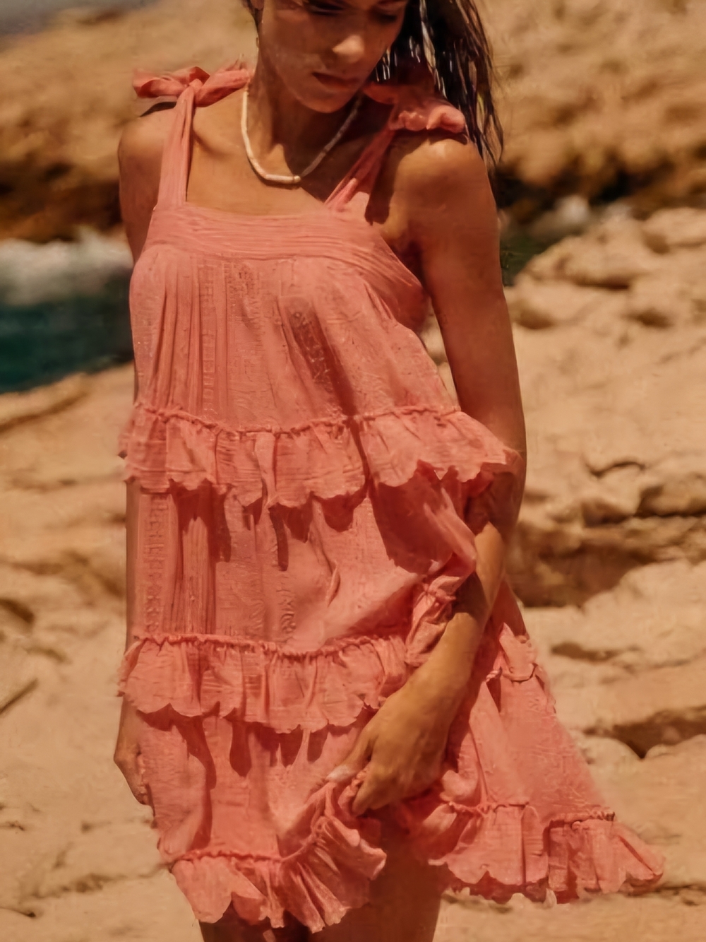 Sezane Coral Ruffle Tiered Mini Dress